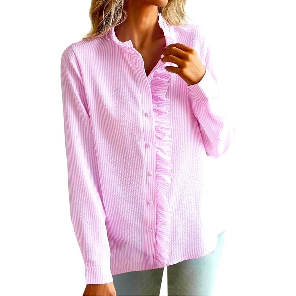 Womens Button Down Shirt with Ruffle Trim and Long Sleeves